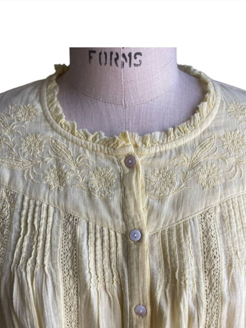 Sundance embroidered prairie shirt in pale yellow, oversized- large
